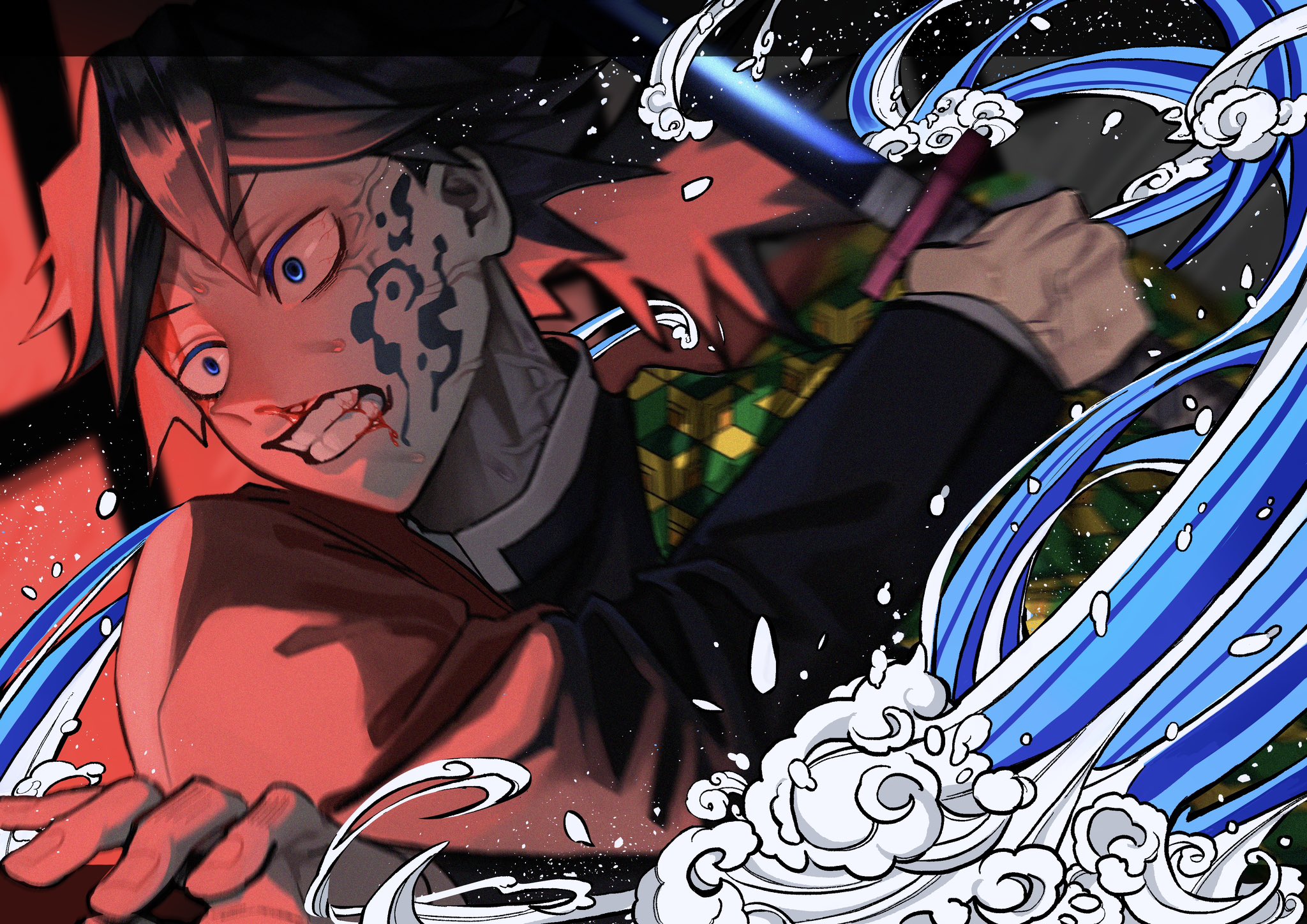 a1hotetoku, tomioka giyuu, kimetsu no yaiba, highres, 1boy, black hair, black jacket, blood, blue eyes, clenched teeth, demon slayer uniform, haori, holding, holding sword, holding weapon, indoors, jacket, japanese clothes, katana, low ponytail, male focus, ponytail, print haori, red haori, solo, spiked hair, sword, teeth, upper body, veiny face, water, weapon