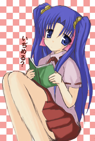 aoba kozue, konno natsume, mahoraba, translated, 00s, 1girl, bell, blue eyes, blue hair, book, checkered background, female focus, holding, holding book, long hair, matching hair/eyes, open book, pleated skirt, school uniform, serafuku, sitting, skirt, solo, text focus, twintails