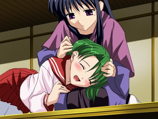 sanshita, kurosaki asami, kurosaki sayoko, mahoraba, 00s, 2girls, black hair, blush, closed eyes, ear cleaning, green hair, hand on another's head, lap pillow, long sleeves, lying, mimikaki, mole, mole under eye, multiple girls, on stomach, open mouth, pleated skirt, purple eyes, school uniform, serafuku, sitting, skirt, socks, thighhighs, twintails, white thighhighs