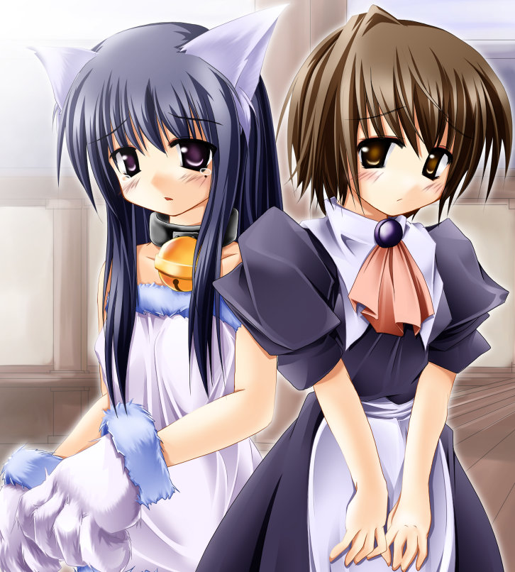 kurosaki sayoko, shiratori ryuushi, mahoraba, 00s, 1boy, 1girl, animal ears, animal hands, ascot, bell, blue hair, brown eyes, brown hair, cat ears, collar, crossdressing, gloves, jingle bell, long hair, maid, neck bell, purple eyes, short hair, tears