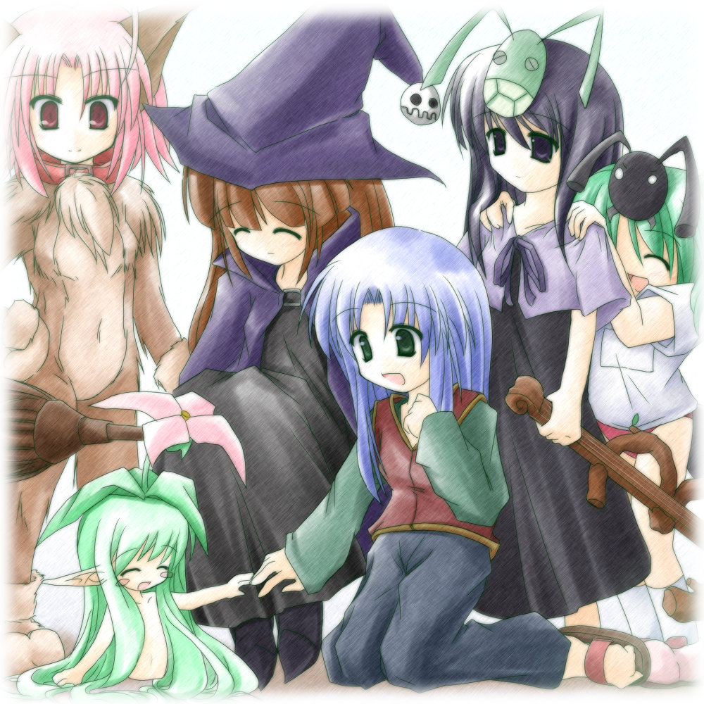 aoba kozue, chanohata tamami, kurosaki asami, kurosaki sayoko, momono megumi, sore, mahoraba, 00s, 6+girls, :d, ^ ^, animal ears, ant, antennae, blue hair, blush stickers, broom, broom riding, brown hair, bug, buruma, capelet, closed eyes, collar, dog ears, flower, flower on head, furry, green hair, gym uniform, hat, holding, insect, instrument, long hair, long sleeves, mini person, minigirl, monster girl, multiple girls, no nose, open mouth, pink hair, plant girl, pointy ears, purple eyes, purple hair, red eyes, robe, sidesaddle, smile, witch, witch hat