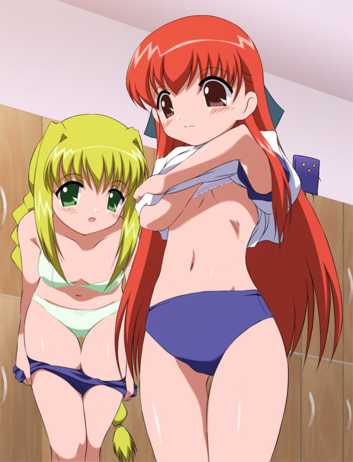 micchan, sacchan, asagi michiyo, matsuba satsuki, mahoraba, 00s, 2girls, blonde hair, borrowed character, bow, bow panties, bra, breasts, brown eyes, buruma, buruma pull, clothes lift, clothes pull, fictional persona, frilled bra, frills, green bra, green eyes, green panties, gym uniform, leaning forward, lingerie, long hair, multiple girls, navel, panties, pulling own clothes, red hair, shirt lift, small breasts, standing, thigh gap, underwear, undressing, very long hair, white bra