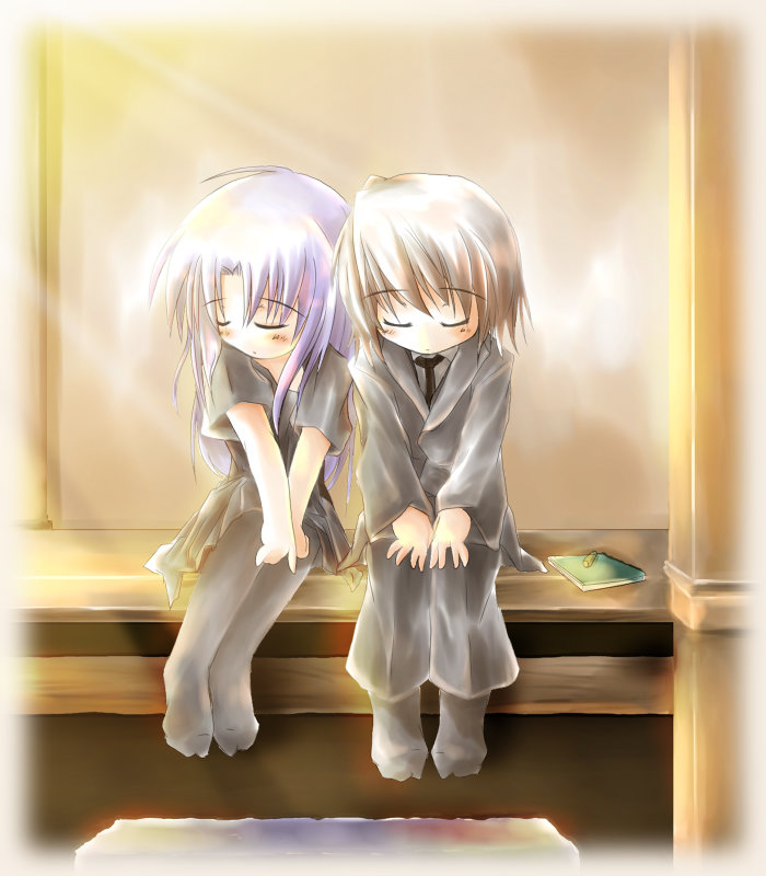 703, 703 (2ch mahoraba thread), aoba kozue, shiratori ryuushi, mahoraba, 00s, 1boy, 1girl, aged down, bench, black dress, blue hair, blush, brown hair, closed eyes, dress, formal clothes, light rays, long hair, necktie, no nose, pantyhose, purple hair, sitting, sleeping, socks, suit, sunbeam, sunlight