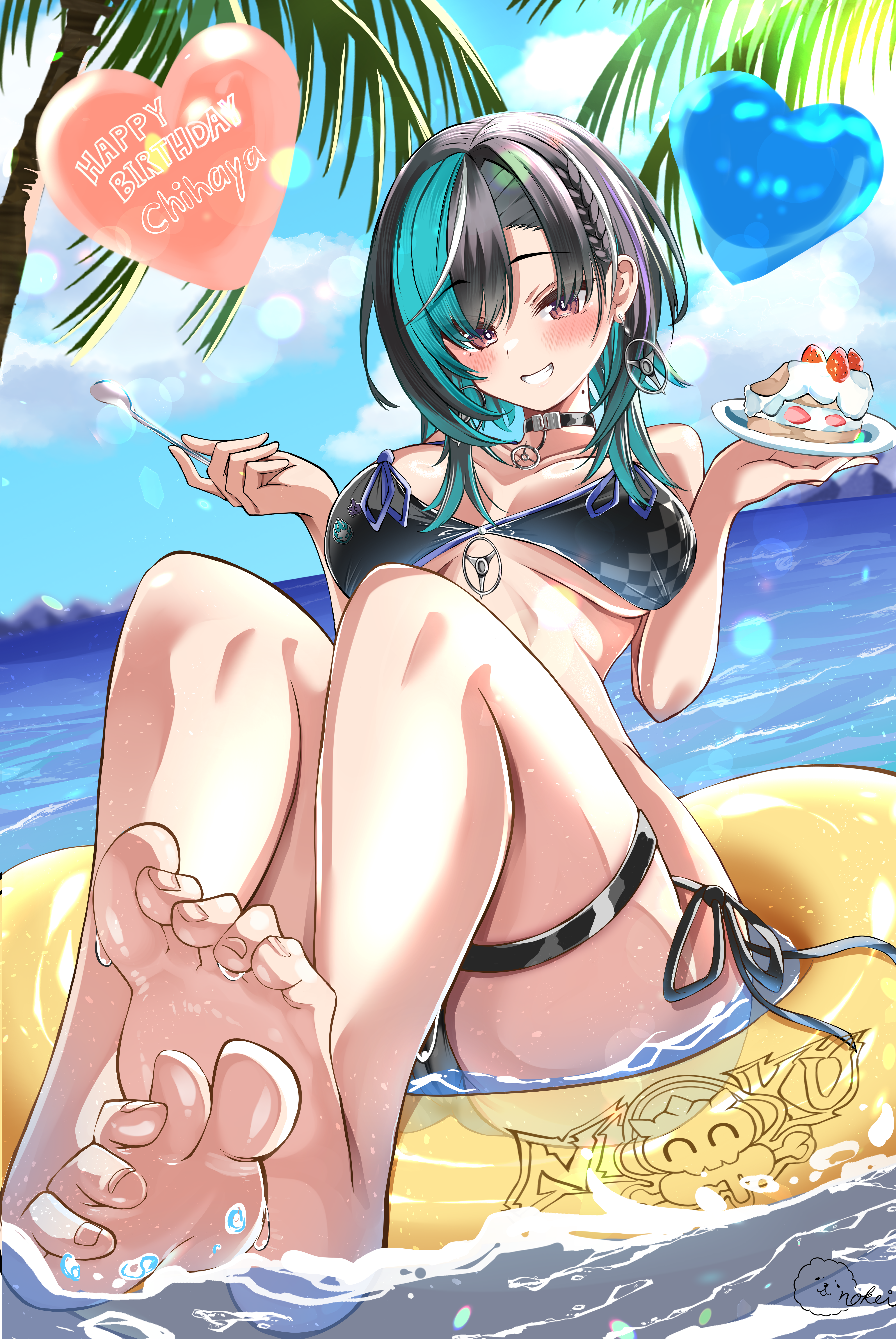 inokeiwd, rindo chihaya, hololive, hololive dev is, absurdres, highres, 1girl, barefoot, bikini, black bikini, black hair, braid, breasts, breasts apart, brown eyes, cake, cake slice, choker, earrings, feet, floating, food, foot focus, green streaks, hair behind ear, happy birthday, holding, holding plate, holding spoon, innertube, jewelry, large breasts, looking at viewer, medium hair, multicolored hair, ocean, palm tree, parted bangs, plate, side-tie bikini bottom, single braid, soles, solo, spoon, strawberry shortcake, streaked hair, swim ring, swimsuit, thigh strap, toenails, toes, tree, virtual youtuber, w arms