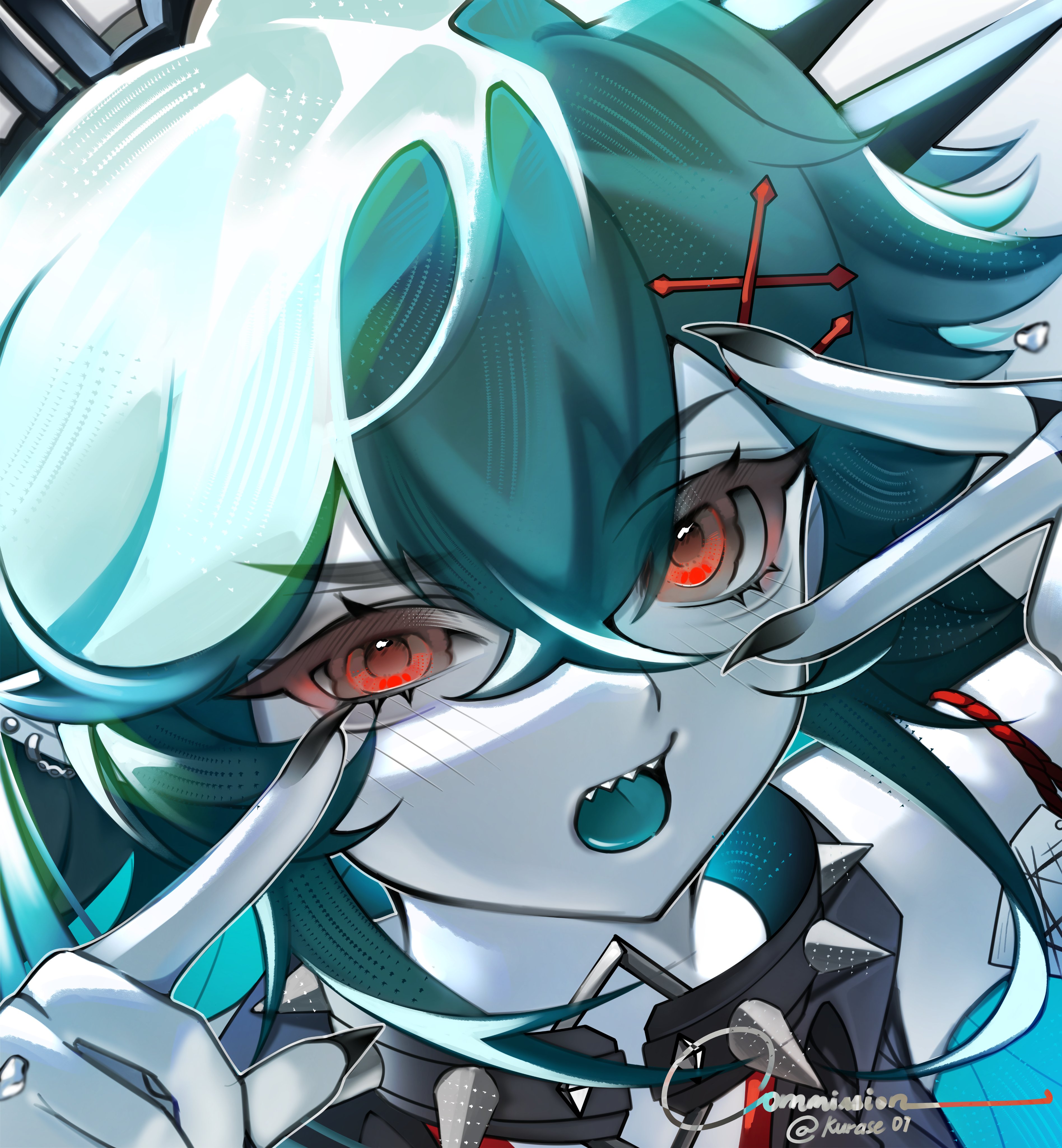 eros valentyne, indie virtual youtuber, absurdres, commentary, commission, english commentary, highres, vgen commission, 1girl, artist name, black collar, black nails, collar, colored skin, colored tongue, crossed bangs, double-parted bangs, green hair, green tongue, grey skin, hair between eyes, hair ornament, hands up, kurase 07, looking at viewer, nail polish, open mouth, portrait, red eyes, sharp teeth, short hair, solo, spiked collar, spikes, teeth, tongue, v, virtual youtuber, x hair ornament