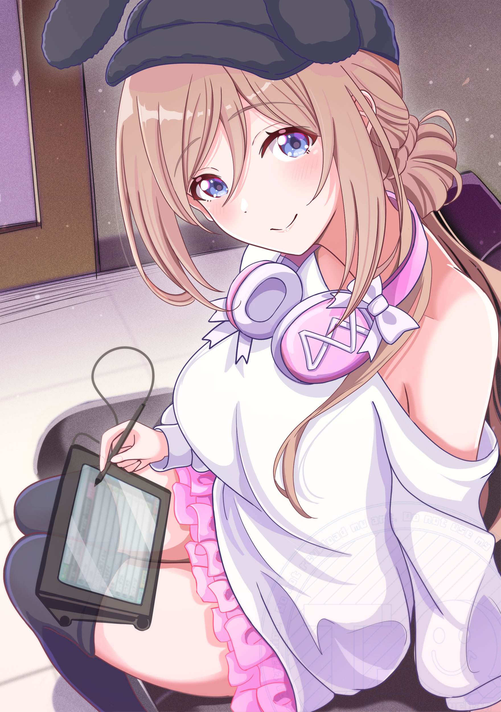 tq amatouchan, himesaki rinami, gakuen idolmaster, idolmaster, absurdres, highres, 1girl, black thighhighs, blue eyes, blush, breasts, brown hair, closed mouth, couch, hair bun, hat, headphones, headphones around neck, karaoke, karaoke box, large breasts, long hair, long sleeves, looking at viewer, off shoulder, pen, pink skirt, screen, single bare shoulder, single side bun, sitting, skirt, smile, solo, sweater, thighhighs, white sweater