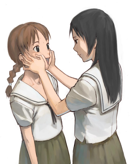 b suke, original, 2girls, black hair, braid, brown hair, cheek squash, hands on another's face, long hair, multiple girls, school uniform, serafuku, simple background, single braid, skirt, white background