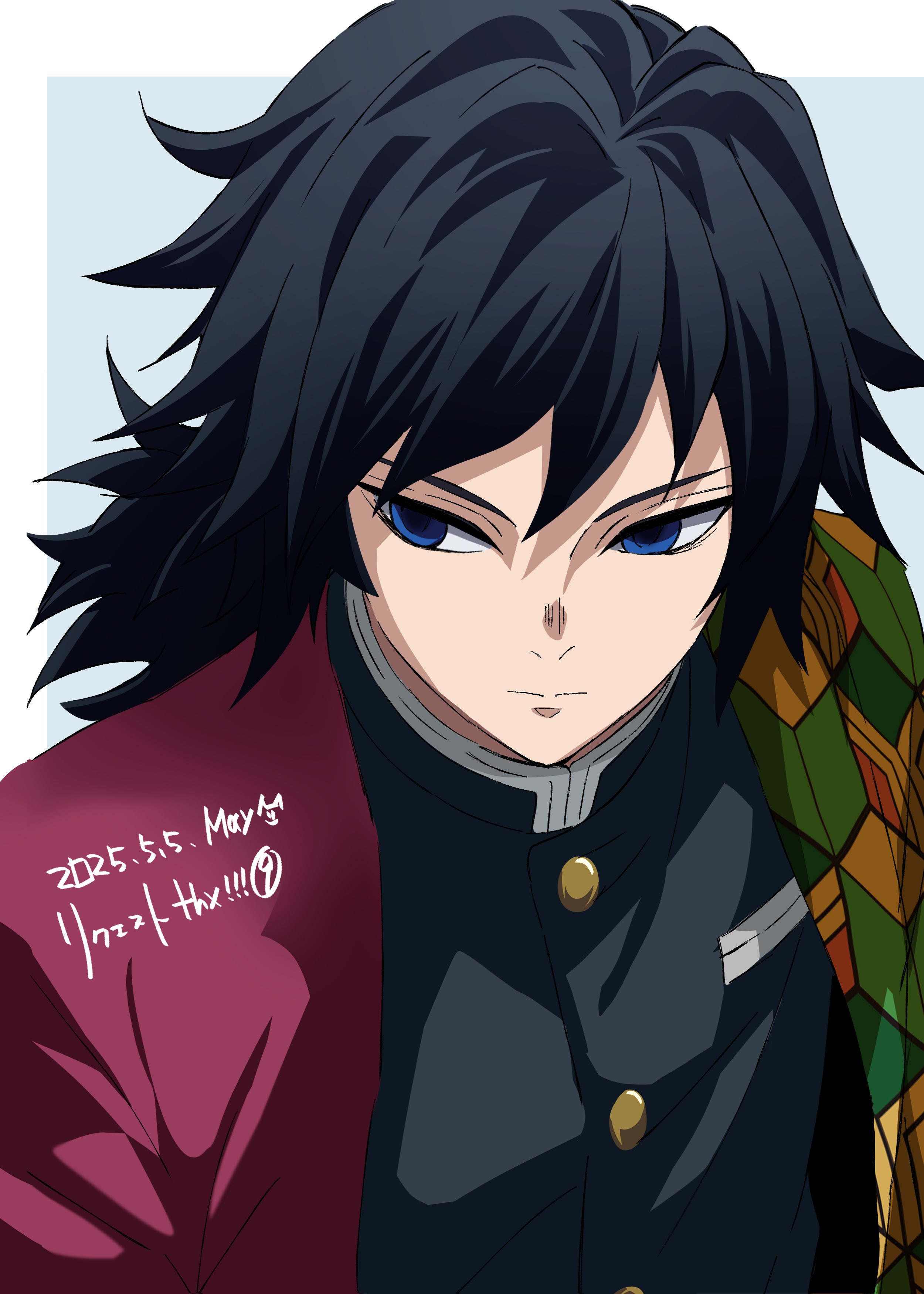 may (illust man 2020), tomioka giyuu, kimetsu no yaiba, absurdres, highres, 1boy, 2025, black hair, black jacket, blue eyes, buttons, closed mouth, demon slayer uniform, empty eyes, haori, jacket, japanese clothes, long hair, looking to the side, low ponytail, male focus, ponytail, print haori, red haori, solo, spiked hair, upper body