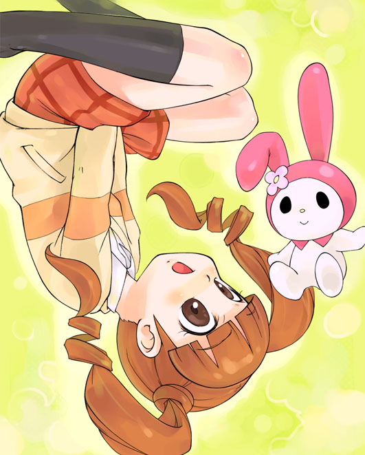 minawa, my melody, yumeno uta, onegai my melody, sanrio, photoshop (medium), 00s, 1girl, brown eyes, brown hair, drill hair, female focus, kneehighs, long sleeves, open mouth, skirt, socks, solo, stuffed animal, stuffed rabbit, stuffed toy, twin drills, twintails, v arms