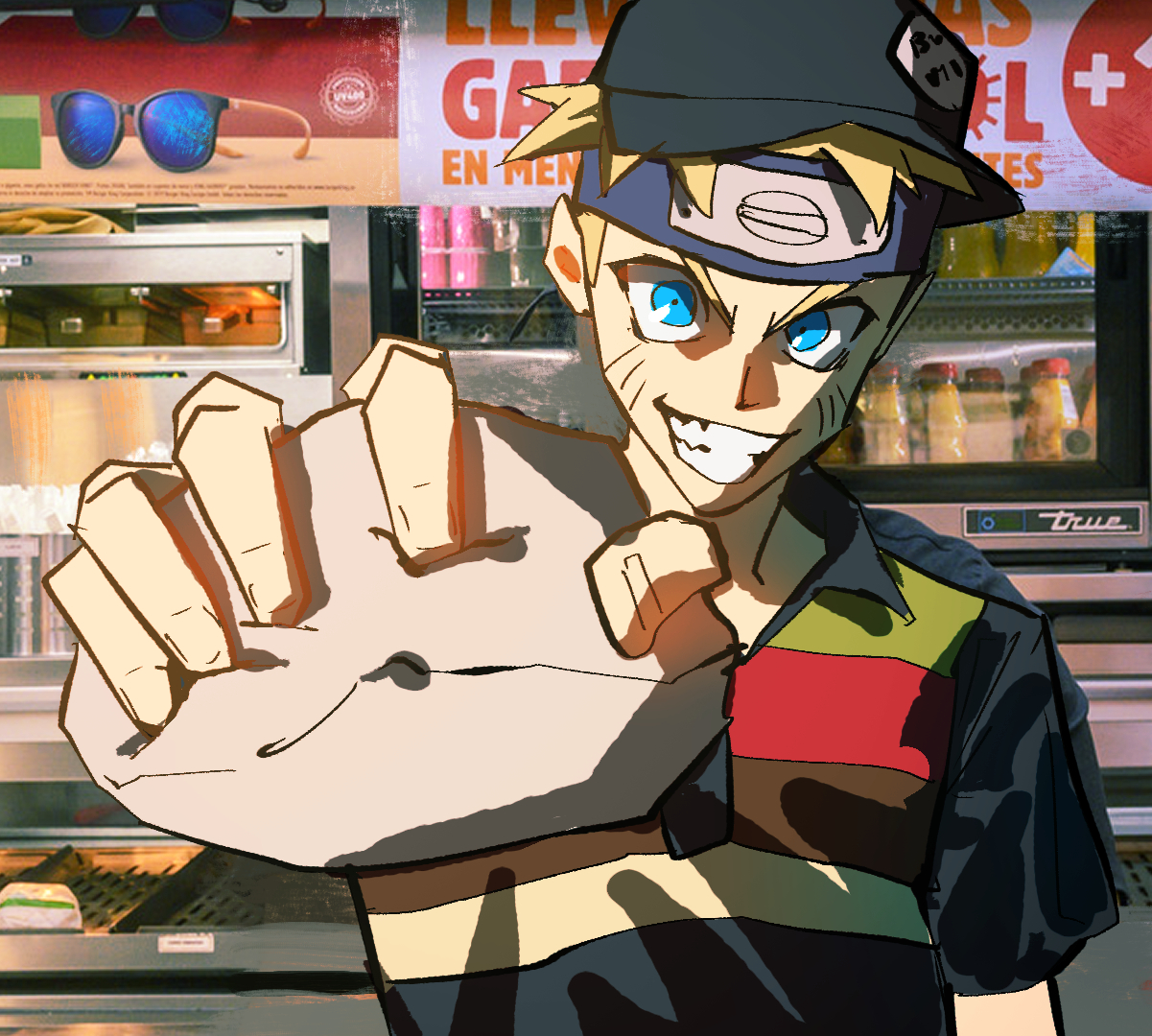 sonic1nstinct, uzumaki naruto, naruto (series), 1boy, black hat, black shirt, blonde hair, blue eyes, facial mark, hat, headband, male focus, parted lips, photo background, shirt, smirk, solo, spiked hair, teeth, whisker markings