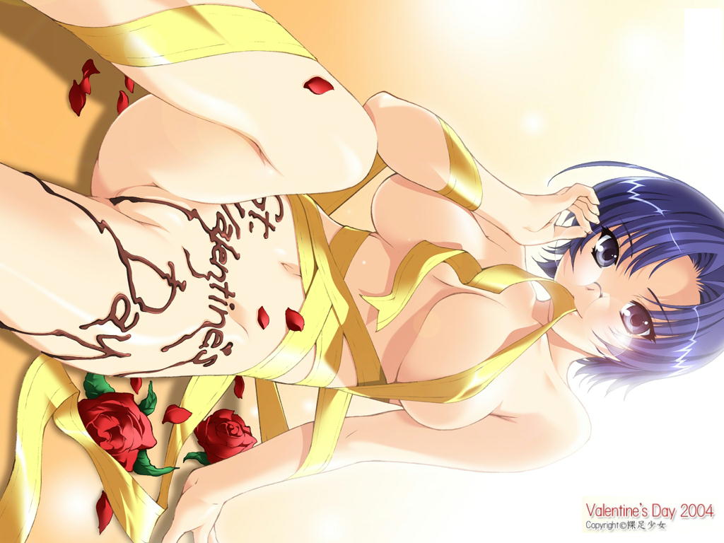 ino (magloid), kusakabe nagisa, onedari sweetie, original, messy, 00s, 1girl, 2004, adjusting eyewear, blue eyes, blue hair, breasts, censored, chocolate, convenient censoring, female focus, flower, glasses, large breasts, legs, looking at viewer, lying, matching hair/eyes, mouth hold, naked chocolate, naked ribbon, navel, no bra, nude, on back, petals, pussy, red flower, red rose, ribbon, rose, short hair, sitting, solo, thighs, uncensored, valentine