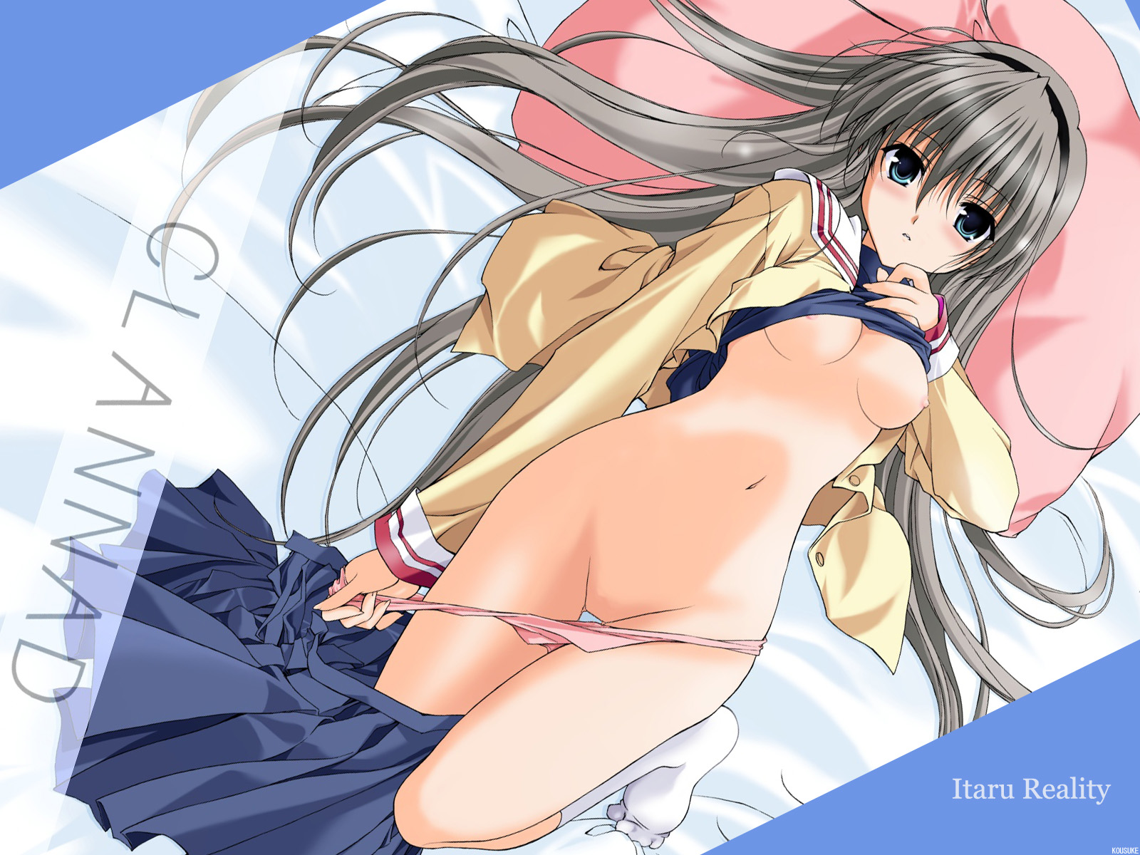 shiino yui, sakagami tomoyo, clannad, highres, 00s, 1girl, bed, bed sheet, black hairband, blue eyes, blue skirt, blush, breasts, censored, clothes lift, clothes pull, copyright name, english text, feet, female focus, hair between eyes, hairband, hikarizaka private high school uniform, hip focus, long hair, long sleeves, looking at viewer, lying, medium breasts, miniskirt, navel, nipples, no bra, no pussy, no shoes, nude, on back, on bed, one breast out, open clothes, open shirt, panties, panty pull, pillow, pink panties, pleated skirt, sailor collar, school uniform, serafuku, shirt, shirt lift, skirt, skirt around one leg, skirt pull, socks, solo, thigh gap, thighs, underwear, very long hair, white hair, white socks, wide hips