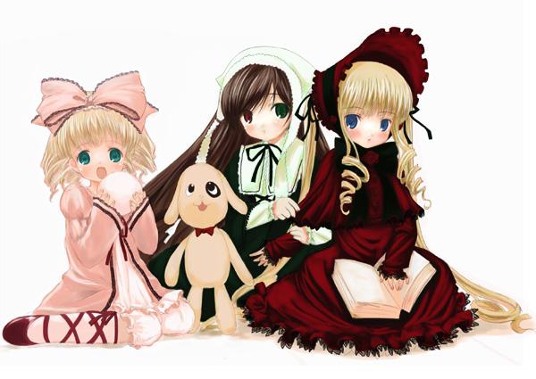 mikazukimo, hinaichigo, kunkun, shinku, suiseiseki, rozen maiden, jpeg artifacts, 00s, 3girls, :d, blonde hair, blue eyes, book, bow, brown hair, drill hair, green eyes, hair ribbon, headscarf, heterochromia, looking at viewer, multiple girls, open book, open mouth, pink bow, ribbon, simple background, sitting, smile, stuffed animal, stuffed dog, stuffed toy, twin drills, twintails, wariza, white background, white headscarf