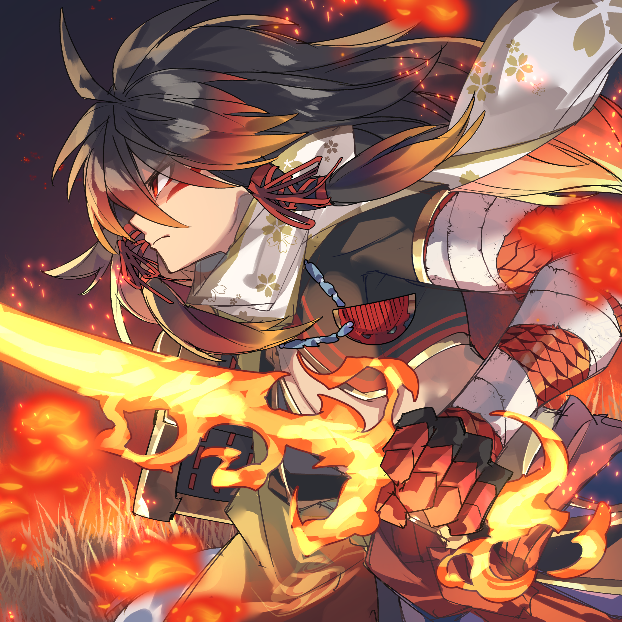 kuuron (moesann17), yamato takeru (p&d), puzzle & dragons, highres, 1boy, armor, armored gloves, black hair, blonde hair, burning, fire, flaming sword, flaming weapon, gradient hair, hair ornament, japanese armor, long hair, multicolored hair, orange hair, red eyes, solo, sword, weapon, white sleeves