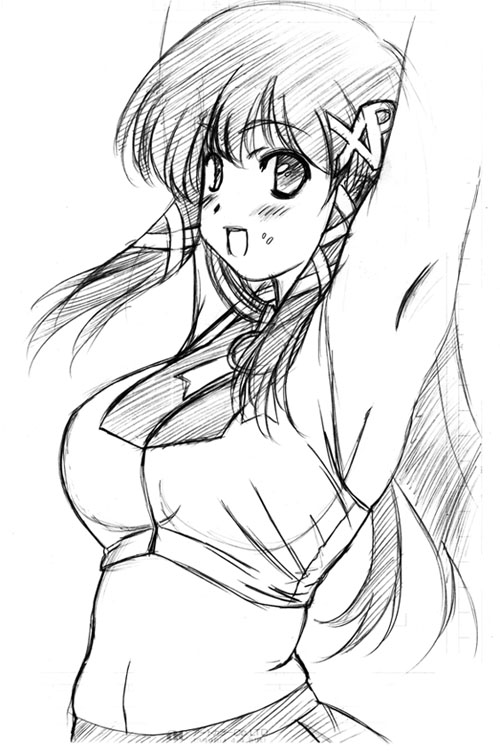 xp-tan, os-tan, traditional media, 1girl, :d, armpits, arms up, breasts, female focus, greyscale, hair ribbon, long hair, medium breasts, monochrome, open mouth, ribbon, sketch, smile, solo, tress ribbon
