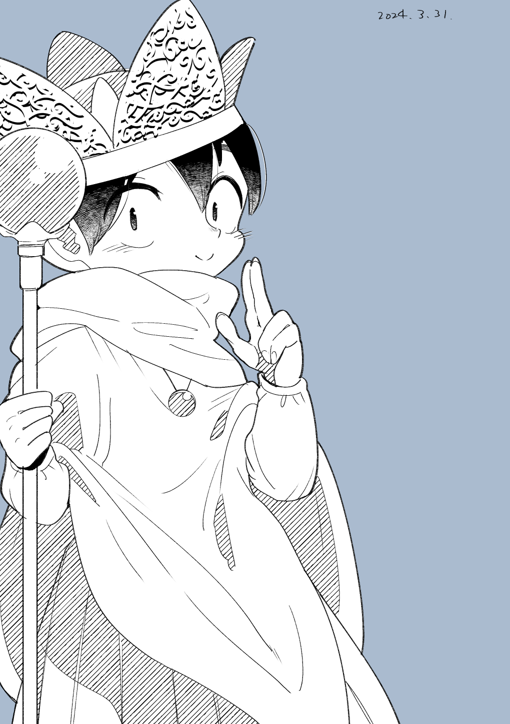 mizukiebiebi, houkago himitsu club, highres, 1boy, blush, crown, dated, greyscale, hand up, long sleeves, looking at viewer, male focus, monochrome, nekota yuuichi, robe, short hair, smile, solo, staff, standing