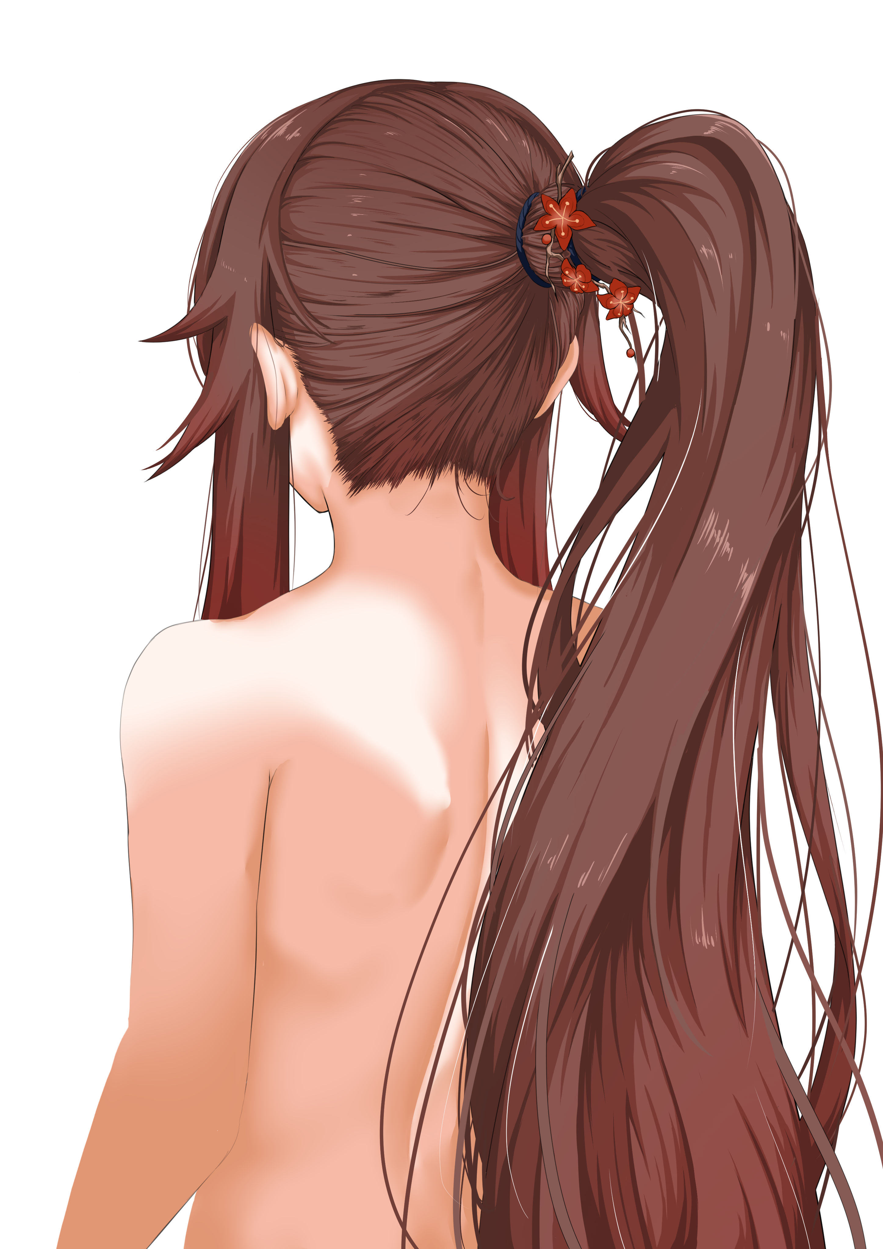 bebekp, hu tao (genshin impact), genshin impact, absurdres, highres, tagme, brown hair, facing away, flower hairtie, from behind, long hair, ponytail, simple background, very long hair, white background