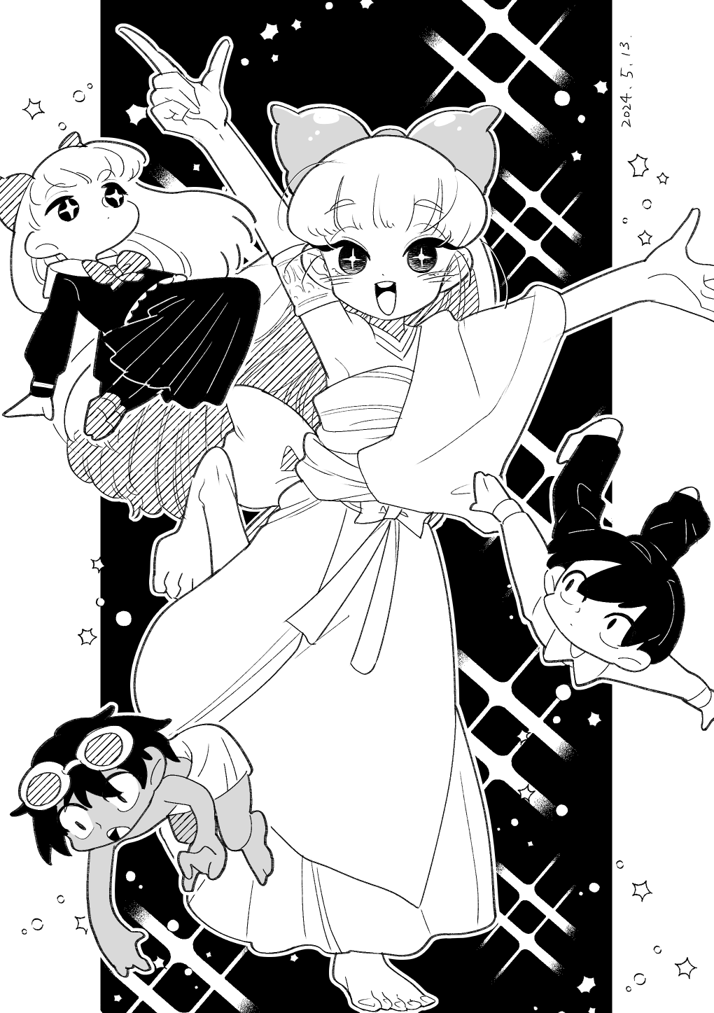mizukiebiebi, arigasaki chitose, houkago himitsu club, character request, highres, arm up, armlet, arms up, bow, dress, falling, greyscale, hair bow, jewelry, long hair, monochrome, nekota yuuichi, sunglasses, tan