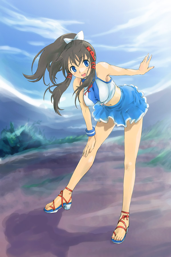 michael f91, xp-tan, os-tan, 1girl, :d, bent over, black hair, blue eyes, blue skirt, breasts, cloud, day, feet, female focus, hair ornament, hanging breasts, high heel sandals, high heels, long hair, medium breasts, midriff, nail polish, no bra, open mouth, orange nails, outdoors, ponytail, sandals, skirt, sky, smile, solo, toenail polish, toenails, toes, wind, x hair ornament