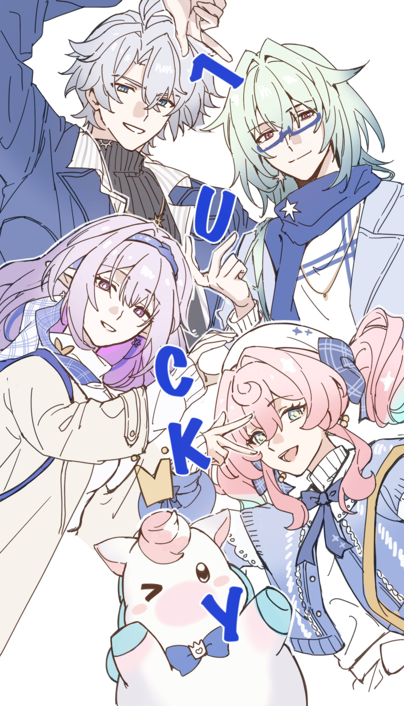 yichensang, anaxa (honkai: star rail), castorice (honkai: star rail), hyacine (honkai: star rail), little ica (honkai: star rail), phainon (honkai: star rail), honkai: star rail, honkai (series), absurdres, highres, 2boys, 2girls, alternate costume, aqua eyes, aqua hair, bespectacled, black sweater, blue coat, blue eyes, blue ribbon, castorice (luckin coffee) (honkai: star rail), coat, creature, english text, glasses, grin, hand up, multiple boys, multiple girls, neck ribbon, no eyepatch, official alternate costume, open clothes, open coat, open mouth, open shirt, phainon (luckin coffee) (honkai: star rail), purple eyes, purple hair, ribbon, shirt, smile, sweater, teeth, turtleneck, turtleneck sweater, white background, white shirt, yellow pupils