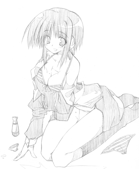 10mo, ilfa (to heart), to heart (series), to heart 2, traditional media, 00s, 1girl, alcohol, bottle, bra, breasts, bust cup, cleavage, female focus, greyscale, kneehighs, kneeling, lingerie, long sleeves, medium breasts, monochrome, panties, robot ears, sake, sake bottle, seiza, short hair with long locks, simple background, sitting, sketch, socks, solo, striped bra, striped clothes, striped panties, tokkuri, underwear, undressing, unworn panties, wakamezake, white background
