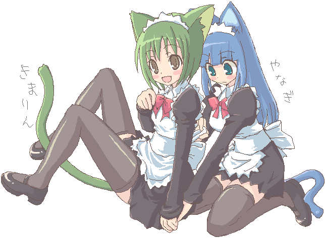 kimarin, original, translated, 2girls, :d, animal ears, aqua eyes, black thighhighs, blue hair, blush stickers, cat ears, cat girl, cat tail, dress, green hair, holding hands, kimimarinet, long sleeves, maid, maid headdress, mary janes, multiple girls, oekaki, open mouth, ribbon, shoes, simple background, smile, tail, thighhighs, white background, yellow eyes, zettai ryouiki