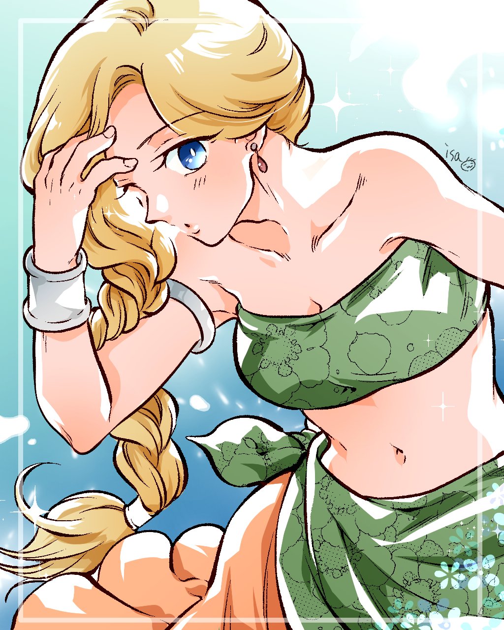 isa (chiyo-s), bianca (dq5), dragon quest, dragon quest v, commentary request, highres, 1girl, adjusting hair, alternate costume, armlet, armpit peek, artist name, bare shoulders, blonde hair, blue eyes, bracelet, braid, breasts, cleavage, closed mouth, collarbone, cowboy shot, earrings, floral print, green sarong, green tube top, jewelry, long hair, looking at viewer, medium breasts, midriff, navel, ocean, orange skirt, outdoors, sarong, single braid, skirt, solo, sparkle, strapless, summer, tube top
