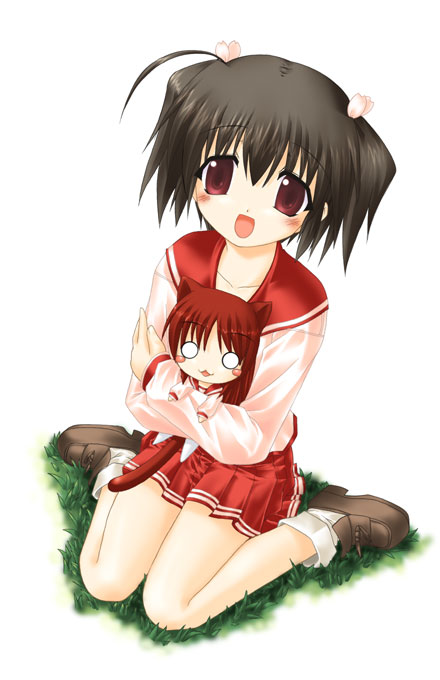 mizuna (water emp-tei), kousaka tamaki, yuzuhara konomi, to heart (series), to heart 2, 00s, 2girls, :d, animal ears, black hair, blush stickers, cat ears, cat tail, character name, chibi, grass, long sleeves, mini person, minigirl, multiple girls, o o, open mouth, pleated skirt, red eyes, red hair, school uniform, serafuku, sitting, skirt, smile, tail, wariza