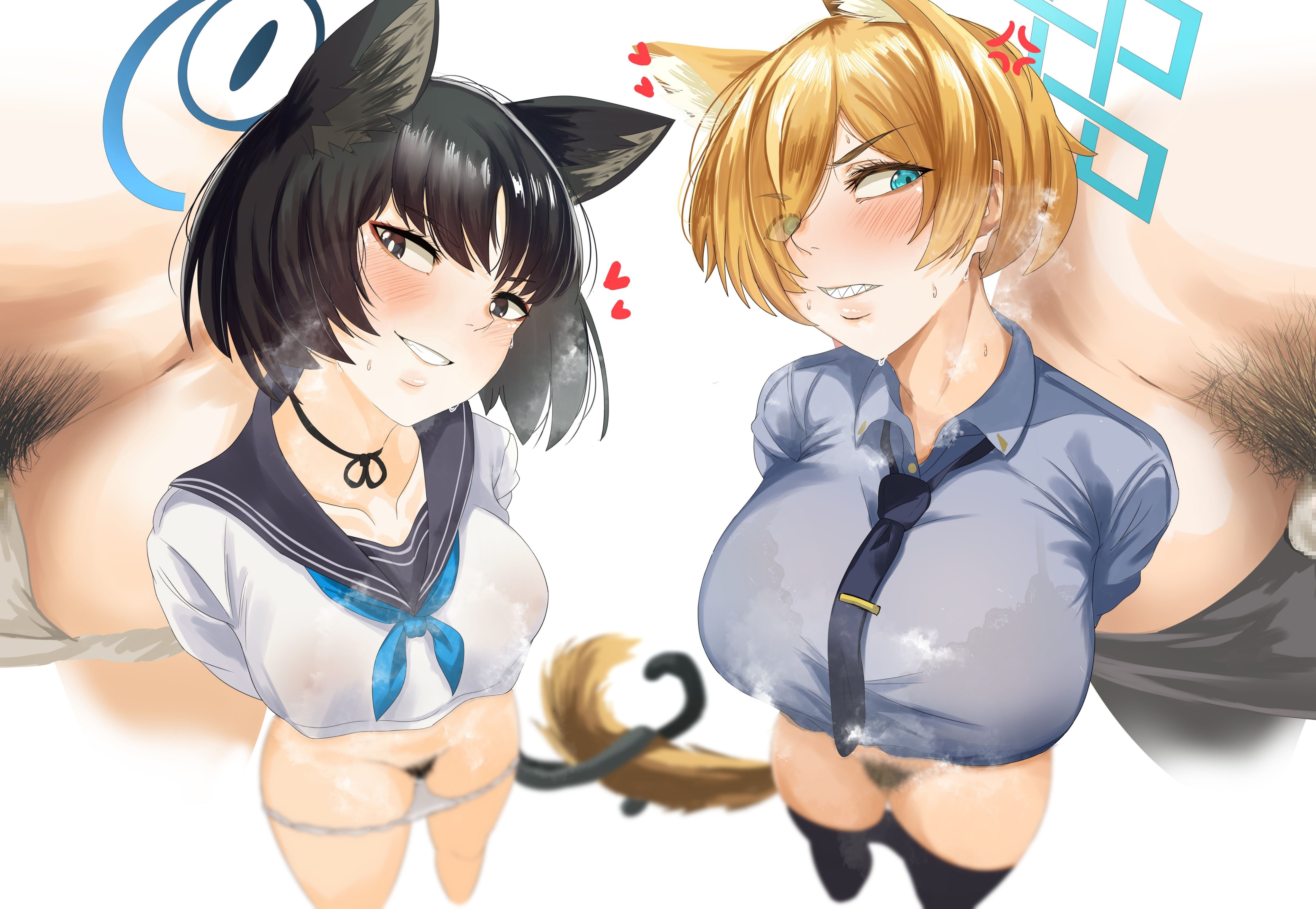 yonezu, yonezu (yonezu13), kanna (blue archive), kikyou (blue archive), blue archive, 2girls, alternate hairstyle, anger vein, animal ear fluff, animal ears, black eyes, black hair, blonde hair, blue eyes, blue shirt, blush, bottomless, bra visible through clothes, breasts, bright pupils, cat ears, cat girl, cat tail, clenched teeth, close-up, crop top, eyes visible through hair, female pubic hair, hair over one eye, halo, heart, intertwined tails, large breasts, lips, medium breasts, multiple girls, multiple tails, necktie, nipples, panties, panties around leg, pantyhose, pantyhose around legs, pubic hair, pussy, sailor collar, see-through clothes, see-through shirt, sharp teeth, shirt, short hair, smile, standing, sweat, tail, teeth, tie clip, underwear, white background, white panties, white pupils, white shirt