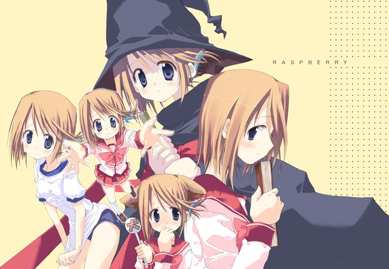 takasaki yuuki, komaki manaka, to heart (series), to heart 2, 00s, 1girl, animal ears, blue eyes, blush, book, buruma, cloak, dual persona, folded ponytail, gym uniform, hat, holding, holding book, long sleeves, multiple views, orange hair, outstretched arms, school uniform, serafuku, shirt tug, short hair, simple background, skirt, smile, underwear, witch hat