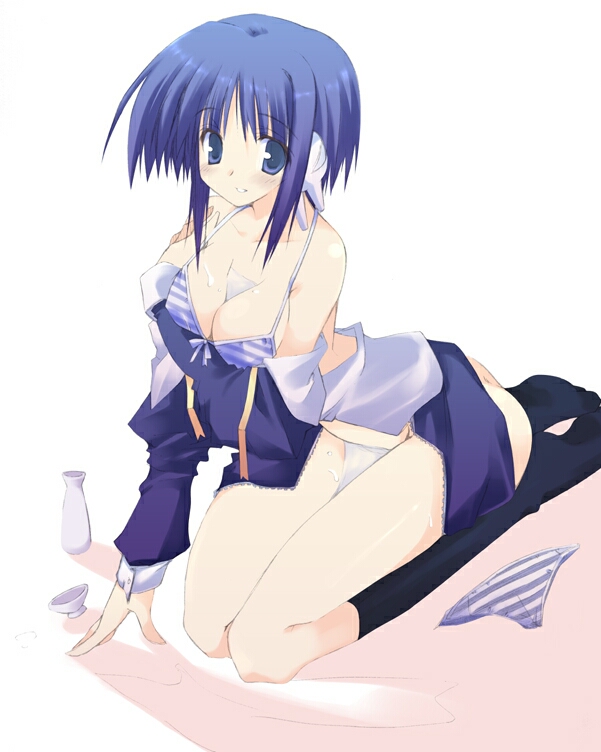 10mo, ilfa (to heart), to heart (series), to heart 2, breast hold, 00s, 1girl, alcohol, black socks, blue bra, blue eyes, blue hair, blue panties, bottle, bow, bow bra, bra, breasts, bust cup, cleavage, female focus, kneehighs, kneeling, lingerie, matching hair/eyes, medium breasts, panties, robot ears, sake, sake bottle, seiza, short hair with long locks, simple background, sitting, socks, solo, striped bra, striped clothes, striped panties, tokkuri, underwear, undressing, unworn panties, wakamezake, white background