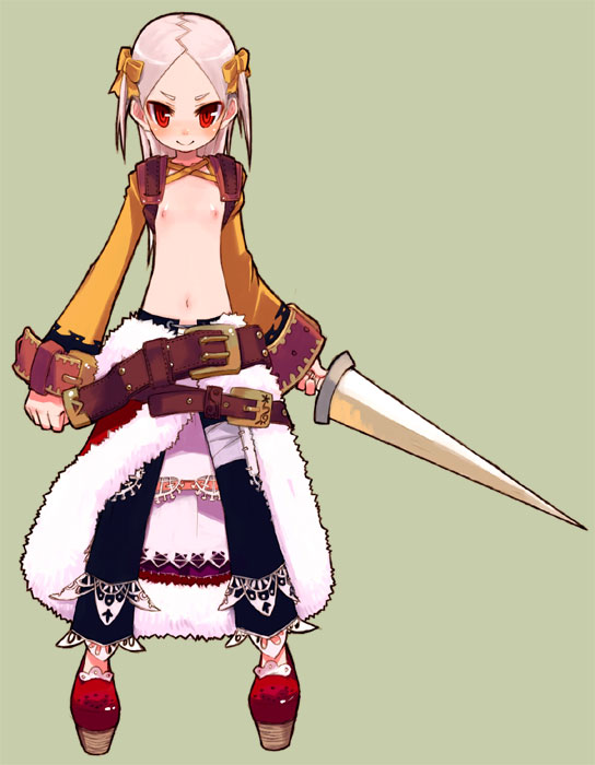 mota, original, 1girl, belt, blush stickers, bow, cinquedea, closed mouth, detached sleeves, female focus, flat chest, green background, holding, loli, navel, nipples, red eyes, simple background, smile, solo, sword, topless female, weapon, white hair