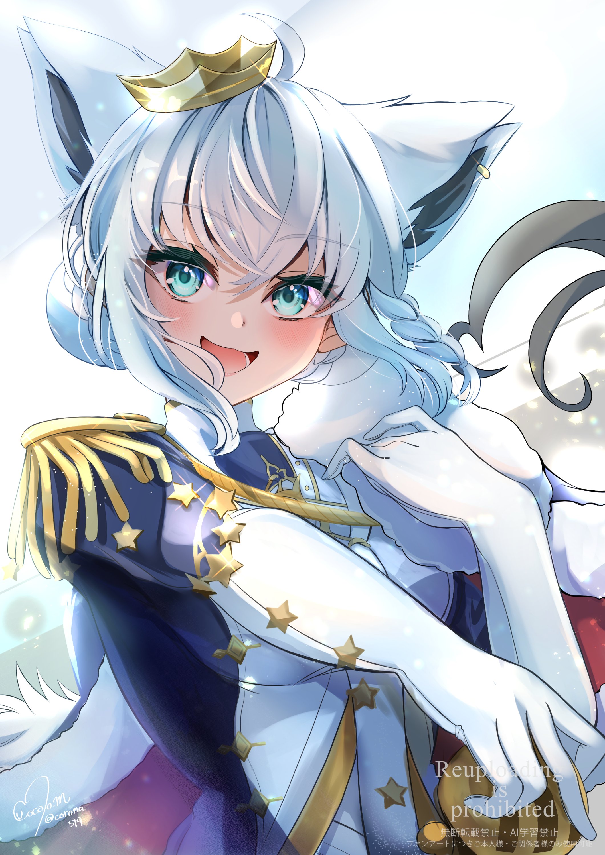 mikazuki cocolo, shirakami fubuki, hololive, absurdres, highres, 1girl, animal ears, blue eyes, blush, breasts, fox ears, fox girl, gloves, hair between eyes, hair bun, idol, long hair, open mouth, solo, upper body, very long hair, virtual youtuber, white gloves, white hair