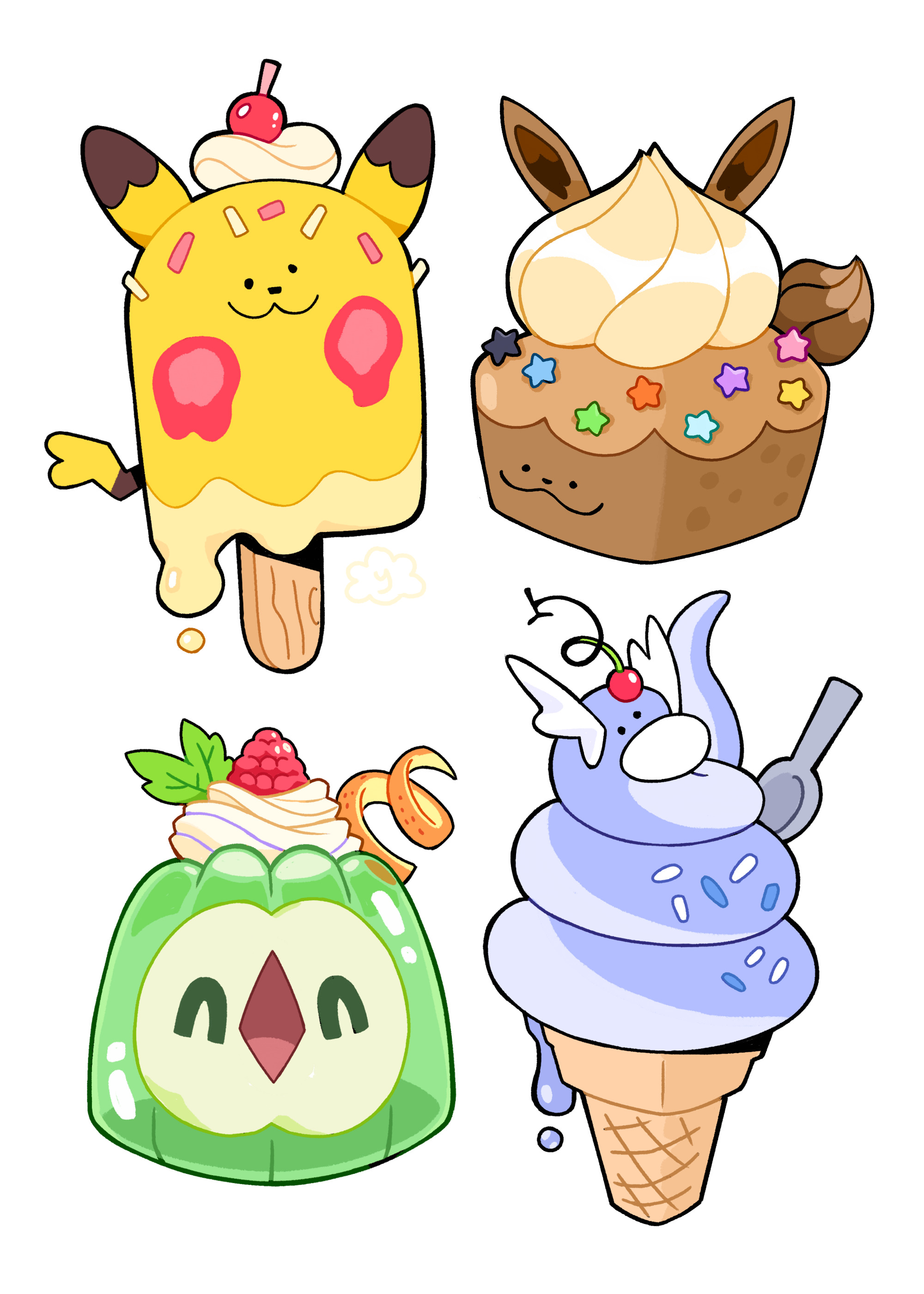 cracklewink, ditto, dratini, eevee, pikachu, solosis, transformed ditto, nintendo, pokemon, absurdres, highres, cherry, cupcake, food, fruit, gelatin, gen 1 pokemon, gen 5 pokemon, ice cream, ice cream cone, popsicle, raspberry, spoon, whipped cream, white background