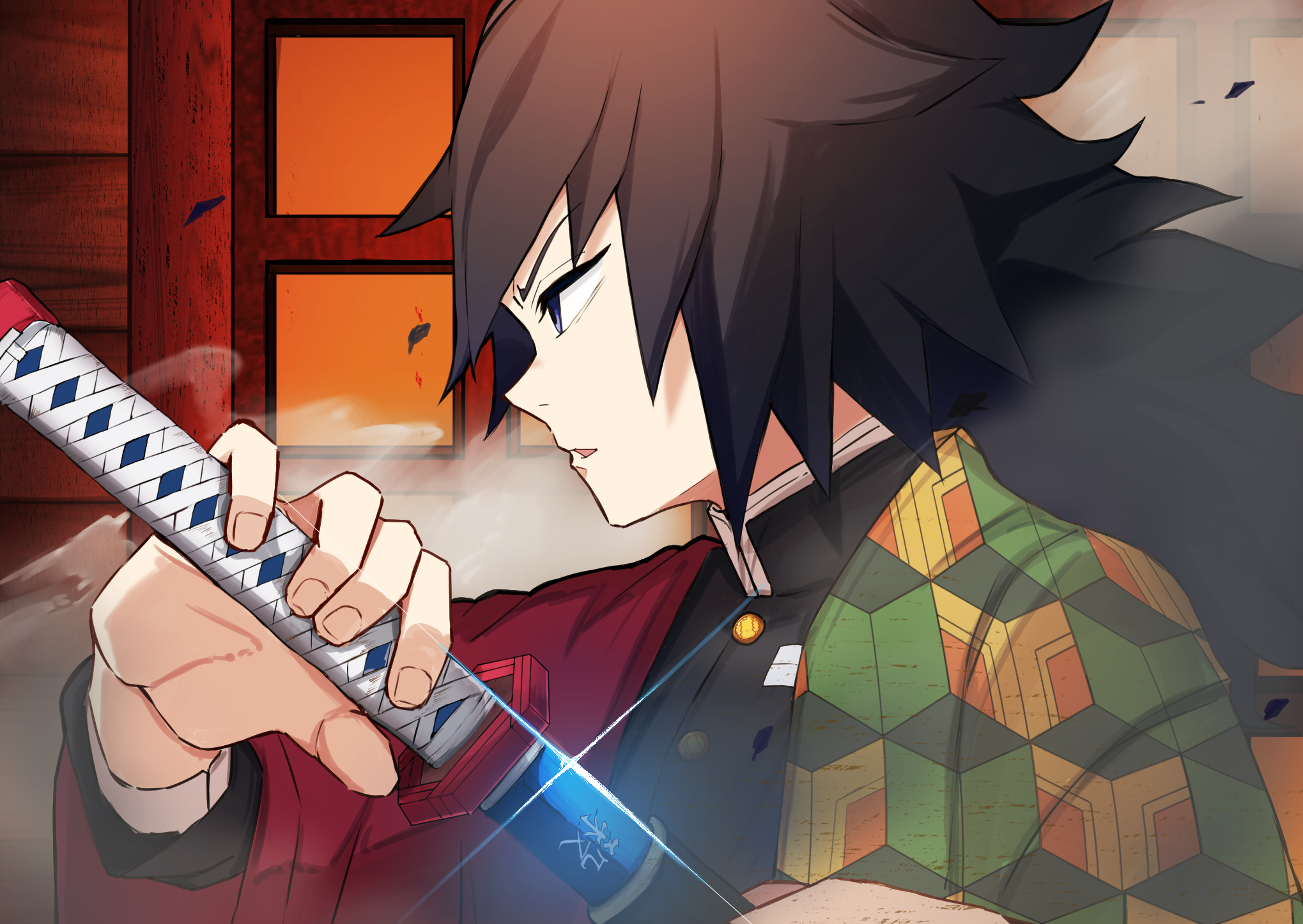 helthbuth, tomioka giyuu, kimetsu no yaiba, highres, 1boy, black hair, black jacket, blue eyes, buttons, demon slayer uniform, haori, holding, holding sword, holding weapon, indoors, jacket, japanese clothes, katana, low ponytail, male focus, parted lips, ponytail, print haori, profile, red haori, smoke, solo, spiked hair, sword, upper body, weapon