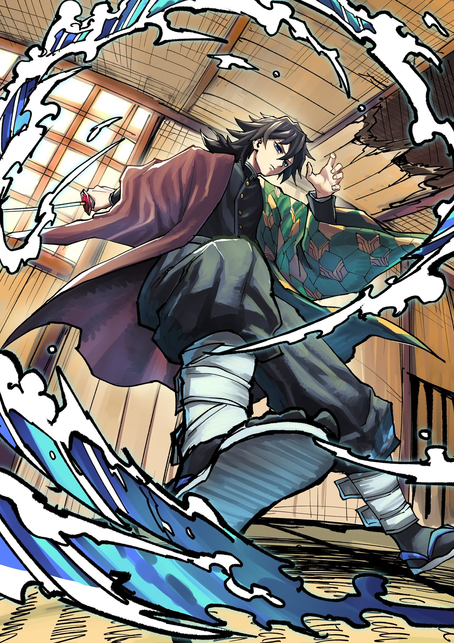 tsumiki (tsu miki), tomioka giyuu, kimetsu no yaiba, highres, 1boy, black hair, black jacket, black pants, blue eyes, buttons, closed mouth, demon slayer uniform, empty eyes, hand up, haori, indoors, jacket, japanese clothes, long hair, low ponytail, male focus, pants, ponytail, print haori, red haori, sandals, slashing, solo, spiked hair, water