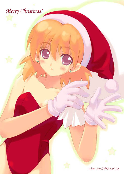 yano takumi, sasamori karin, to heart (series), to heart 2, jpeg artifacts, 00s, 1girl, artist name, bare shoulders, christmas, collarbone, earrings, female focus, gloves, hat, jewelry, leotard, looking at viewer, merry christmas, orange hair, pom pom (clothes), purple eyes, red hair, red leotard, sack, santa costume, santa hat, solo, star (symbol), stud earrings, white gloves