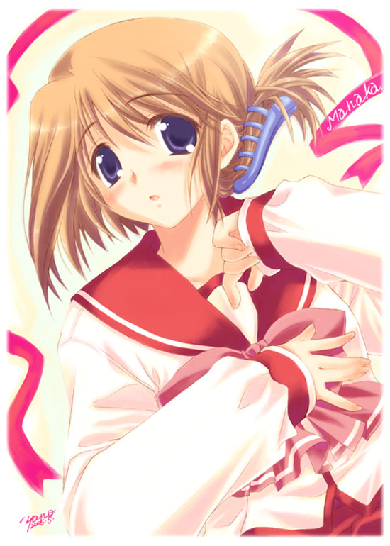 yano takumi, komaki manaka, to heart (series), to heart 2, 00s, 1girl, blue eyes, blush, brown hair, character name, claw hair clip, dated, female focus, folded ponytail, hair between eyes, hair ornament, hairclip, long sleeves, school uniform, serafuku, short hair, solo