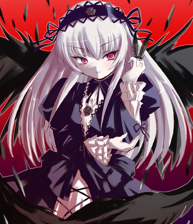 shinshin, suigintou, rozen maiden, silver hair, 00s, 1girl, dress, feathers, female focus, goth fashion, gothic lolita, gradient background, headdress, lolita fashion, long hair, long sleeves, pale skin, pink eyes, solo, wings