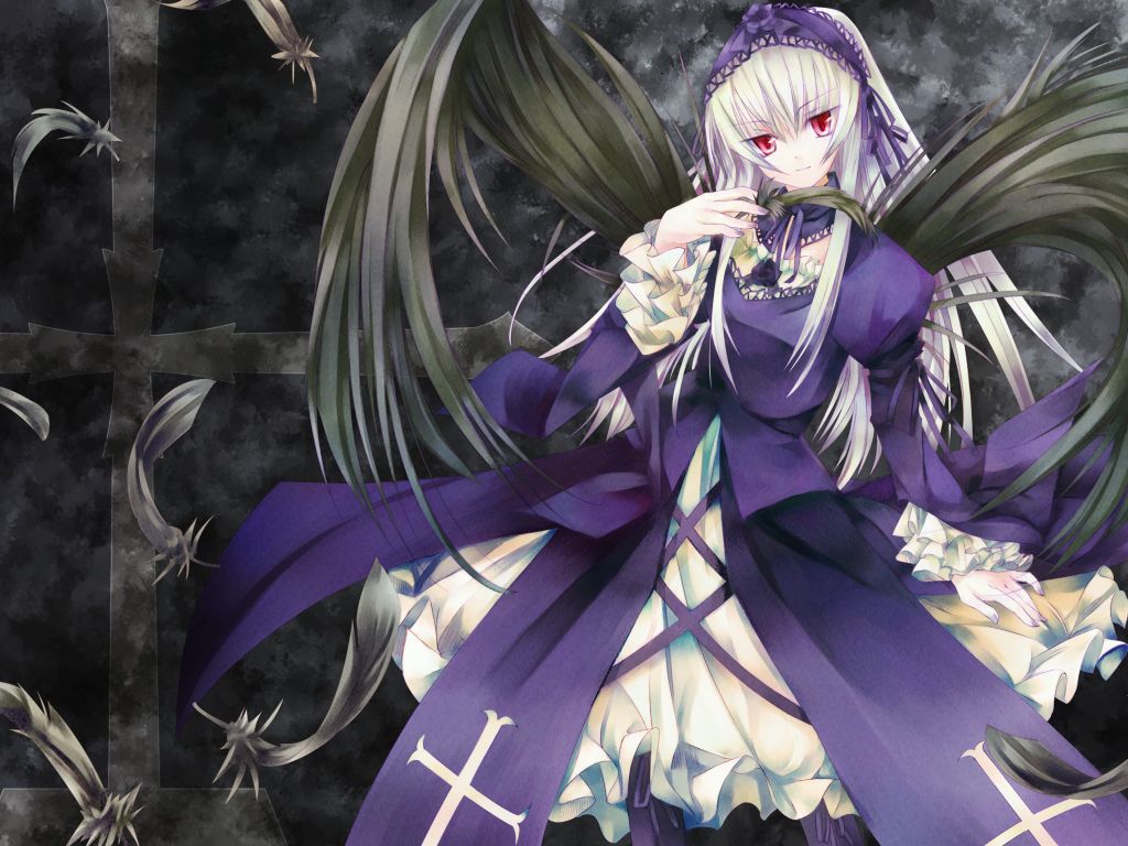 suigintou, rozen maiden, artist request, 00s, 1girl, boots, cross, cross moline, cross print, dress, feathers, female focus, goth fashion, gothic lolita, hairband, headdress, lace-up boots, light smile, lolita fashion, long hair, long sleeves, pink eyes, purple boots, smile, solo, white hair, wings