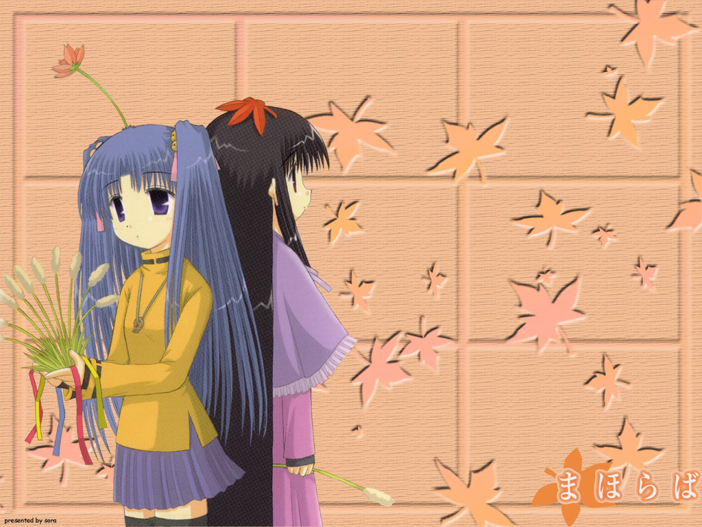 kojima akira, aoba kozue, konno natsume, kurosaki sayoko, mahoraba, third-party edit, 00s, 2girls, back-to-back, black hair, black thighhighs, blue hair, cat teaser, flower, flower on head, holding, jewelry, leaf, long hair, long sleeves, multiple girls, necklace, pleated skirt, purple eyes, red eyes, ribbon, skirt, thighhighs, twintails, very long hair, zettai ryouiki