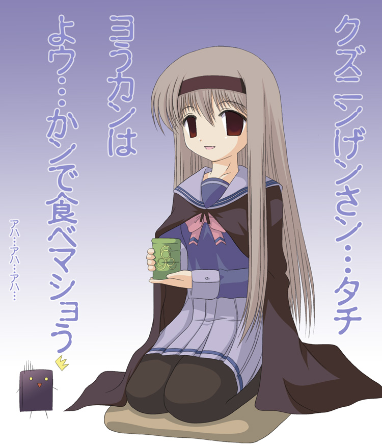171, kojima, buchou, kojima akira (fictional persona), mahoraba, translated, 00s, 1girl, ^^^, borrowed character, brown eyes, cup, empty eyes, female focus, fictional persona, gradient background, grey hair, hairband, holding, long hair, long sleeves, pantyhose, seiza, shaded face, simple background, sitting, solo, tea, yunomi