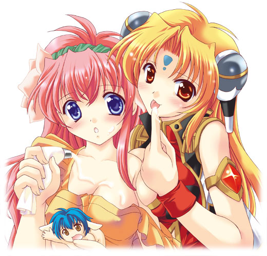 mizushiro takuya, milfeulle sakuraba, mint blancmanche, ranpha franboise, broccoli (company), galaxy angel, non-web source, 00s, 3girls, blonde hair, blue eyes, blue hair, blush, breasts, brown eyes, chibi, cleavage, hair ornament, holding, holding pastry bag, icing, long hair, medium breasts, multiple girls, open mouth, pastry bag, pink hair, tongue, tongue out, wrist cuffs, yellow eyes