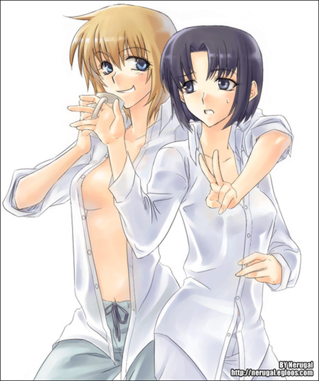 nerugal, mizuno youko, satou sei, maria-sama ga miteru, 00s, 2girls, artist name, blonde hair, blue eyes, blue hair, breasts, cup, dress shirt, grin, holding, long sleeves, medium breasts, mug, multiple girls, no bra, open clothes, open shirt, shirt, sleeves pushed up, smile, sweatdrop, v, watermark, web address, yuri