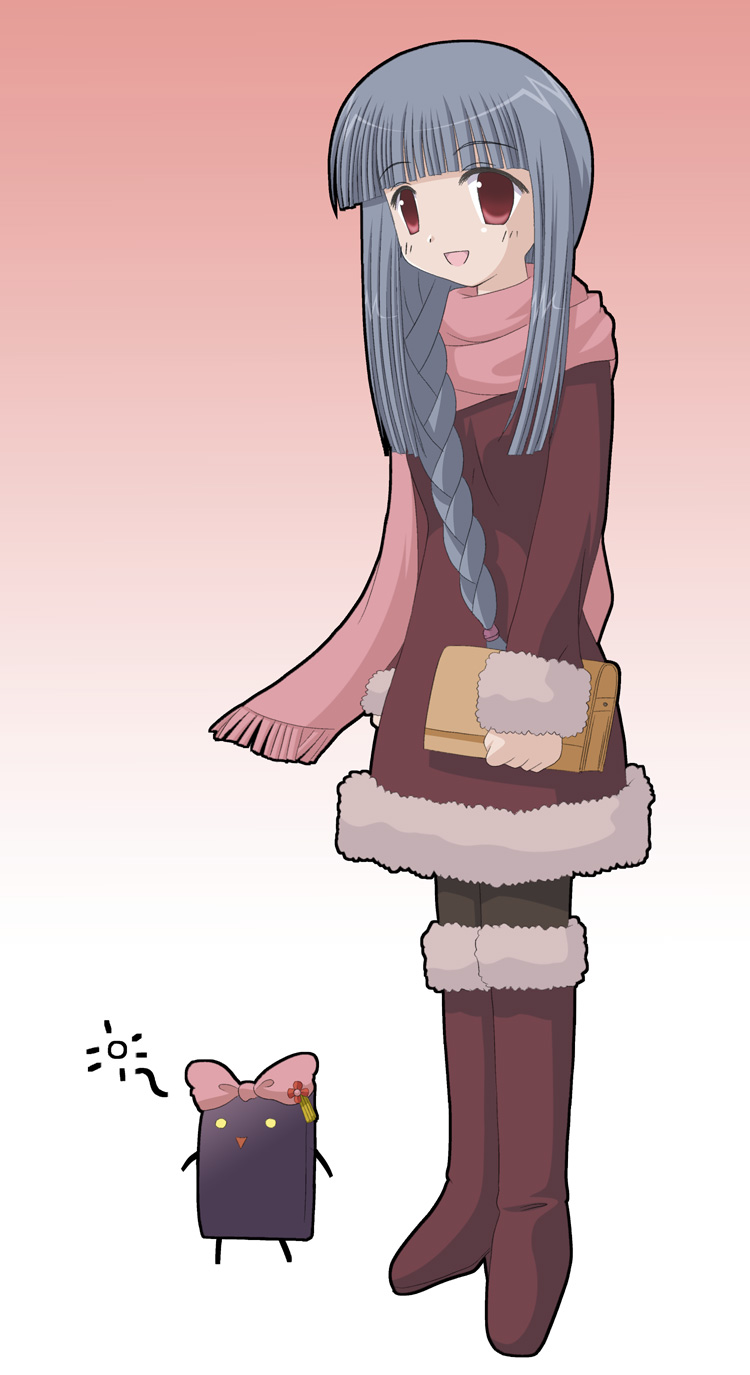 379, kojima, kojima akira (fictional persona), shirogane miyabi, mahoraba, highres, 00s, 1girl, boots, borrowed character, braid, female focus, fictional persona, gradient background, hair over shoulder, hair ribbon, long hair, long sleeves, open mouth, pantyhose, red boots, ribbon, scarf, simple background, single braid, solo
