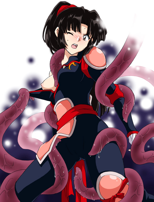 sango (inuyasha), inuyasha, 1girl, armor, black bodysuit, black hair, blush, bodysuit, breasts, female focus, medium breasts, ninja, nipple slip, nipples, one eye closed, ponytail, restrained, solo, sweat, tentacles, wink
