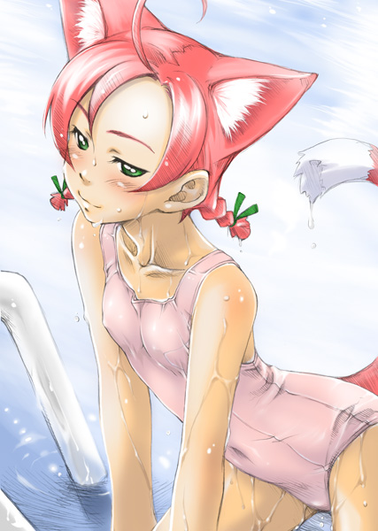 sakura kotetsu, kotetsu's catgirl, original, alternate color school swimsuit, 1girl, ahoge, animal ears, blush, braid, cat ears, cat girl, cat tail, covered navel, female focus, flat chest, green eyes, hair ribbon, one-piece swimsuit, pink hair, pink one-piece swimsuit, pool, pool ladder, ribbon, school swimsuit, short hair, smile, solo, swimsuit, tail, tress ribbon, twin braids, wading, water, wet, white one-piece swimsuit, white school swimsuit