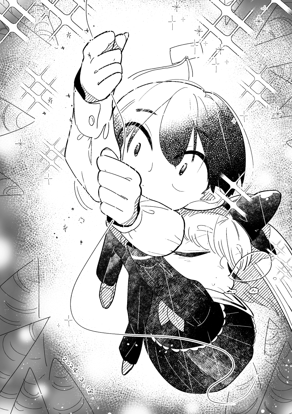 mizukiebiebi, arigasaki chitose, houkago himitsu club, highres, 1boy, 1girl, bow, climbing rope, dress, formal clothes, greyscale, hair bow, long sleeves, monochrome, nekota yuuichi, nose bubble, short hair, smile, suit