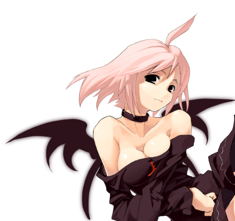 sun-3, original, eyebrows, 1girl, ahoge, antenna hair, bare shoulders, black eyes, black wings, breasts, choker, cleavage, collarbone, demon girl, demon wings, female focus, head tilt, long sleeves, medium breasts, off shoulder, pink hair, short hair, simple background, smile, solo, white background, wings