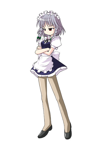 akase rai, izayoi sakuya, touhou, silver hair, 1girl, back bow, bow, braid, brown pantyhose, crossed arms, female focus, flats, hair bow, long legs, maid, maid headdress, pantyhose, red eyes, simple background, solo, twin braids, white background